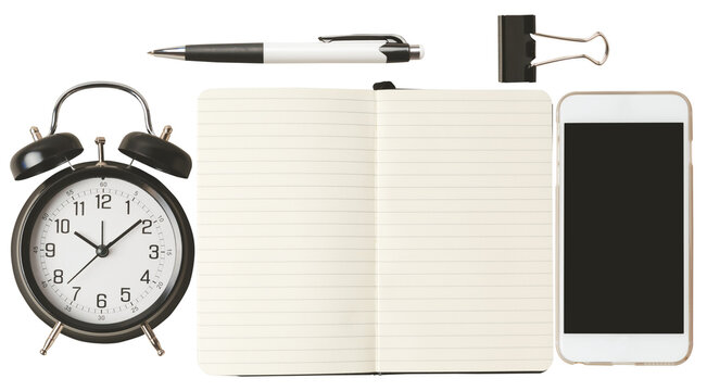 essential desktop items including an alarm clock, smartphone, pen, binder clip, and open notebook, laid out on a stark transparent background for a productive work or study environment.