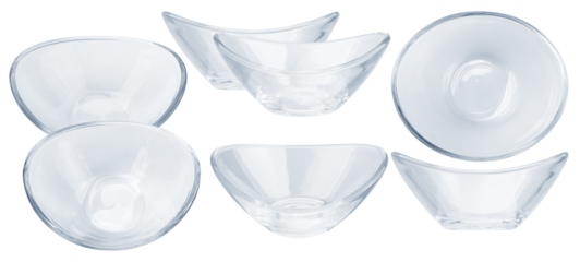 set of elegant modern glass serving bowls, showcasing various shapes and depths, arranged for stylish culinary presentation on a clean white background.