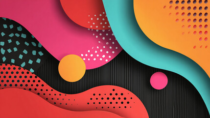 Abstract colorful layers of paper cut shapes with vibrant colors. The design features various shapes overlapping each other, creating a dynamic and visually appealing composition.