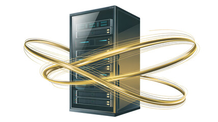 Server Rack with Golden Light Streaks, Data Center Technology, Network Infrastructure, Digital Information Flow