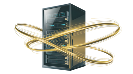 Server Rack with Golden Light Streaks, Data Center Technology, Network Infrastructure, Digital Information Flow