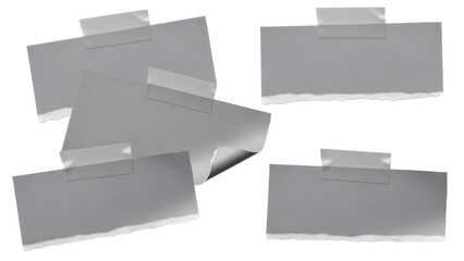 collection of torn grey paper scraps with clear tape, isolated on a transparent background, perfect for creative design and scrapbooking elements.