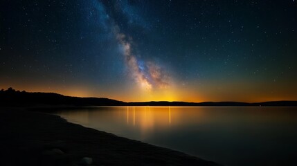 Obraz premium Stargazing adventure over a serene lake nighttime landscape tranquil environment cosmic viewpoint nature concept for inner peace