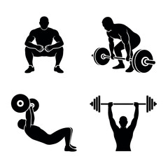 Various weightlifting exercises illustrated in a black silhouette Vector