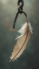 A feather visibly bending a thick metal hook, symbolizing emotional burden