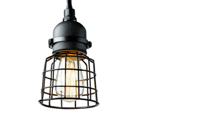 Fototapeta premium Vintage industrial cage lamp with glowing edison bulb on transparent background, retro lighting creating warm ambiance