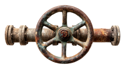 Rusted industrial valve with decaying metal pipe and green patina detail, featuring an old handwheel against a transparent background