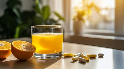 Fresh Start: A glass of refreshing juice, sliced orange halves, and essential vitamins sit on a wooden table, illuminated by the warm, natural sunlight
