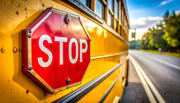 Yellow school bus red stop sign with road background