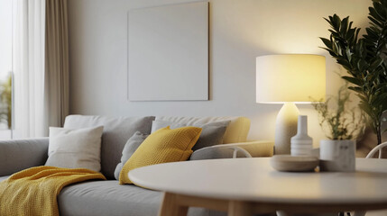 Cozy living room featuring a gray sofa, yellow throw blanket, soft cushions, round coffee table, warm lamps, and lush plants. This cozy space conveys comfort, relaxation, and home decor charm.