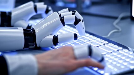 A robotic hand types on a glowing keyboard, partially obscuring a human hand in the shot - Powered by Adobe
