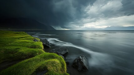Dramatic storm approaching seaside cliffs coastal landscape nature photography overcast sky serene viewpoint environmental wonder