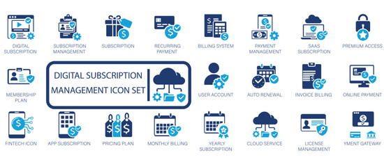 Digital subscription management icon set featuring membership plans, recurring billing, auto renewal, cloud services, invoice management, and premium access symbols.
