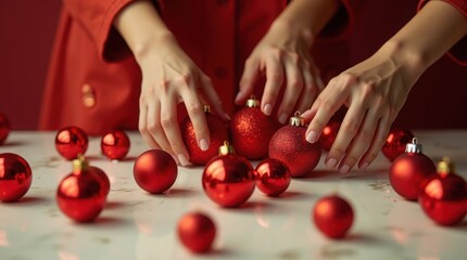 Close up of female hands picking out red Christmas baubles from a pile on a marble surface for holiday tree decorating, happy Chinese new year , Korean , Valentine's Day ,decoration Red	