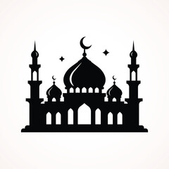 Grand Mosque Silhouette with Crescent Moon and Stars Vector Illustration