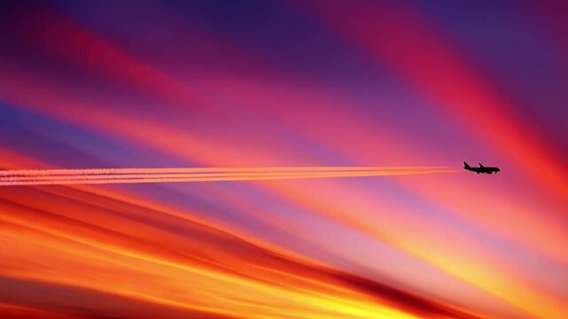 A breathtaking view of a soaring aircraft against a vibrant sunset sky, showcasing vivid pink, purple, and orange hues that create a stunning natural backdrop for air travel.