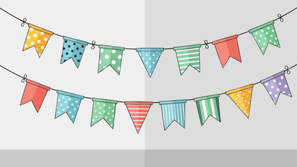 Colorful festive bunting flags strung on a line for celebration.