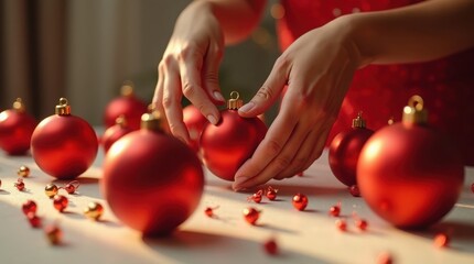 Elegant hands of a woman in a red dress arranging festive red Christmas ornaments on a light surface, holiday background concept, happy Chinese new year , Korean decoration Red, Valentine's Day	