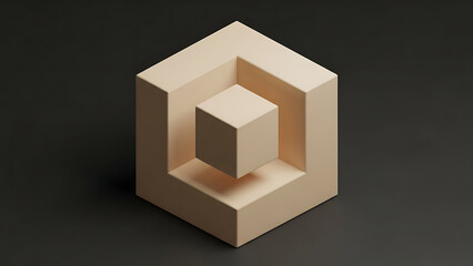 Abstract geometric composition with nested beige cubes and hexagonal frame on dark background