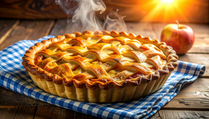 Freshly baked homemade apple pie with steam on rustic wooden table
