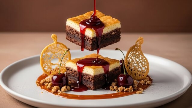 Decadent chocolate brownie square with cheesecake layer, drizzled with rich cherry sauce, garnished with fresh cherries and delicate caramel tuiles on a white plate, gourmet dessert presentation