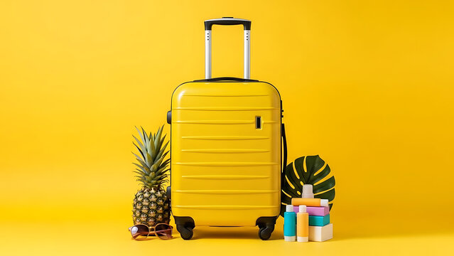 Bright yellow suitcase with pineapple sunglasses and tropical leaves on a vibrant yellow background