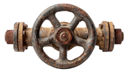 Rusty metal industrial valve with wheel handle, old plumbing mechanism isolating on transparent background