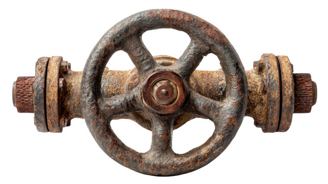 Rusty metal industrial valve with wheel handle, old plumbing mechanism isolating on transparent background