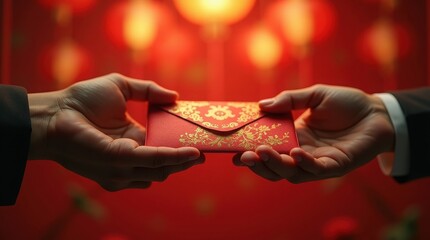 Giving a red envelope for Lunar New Year celebration, hands exchanging Hongbao with traditional gold ornaments and blurred lanterns, happy Chinese new year , Korean decoration Red, Valentine's Day	