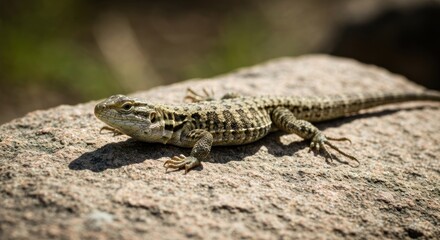 A close-up of a lizard with patterned skin basking on a granite rock in sunlight