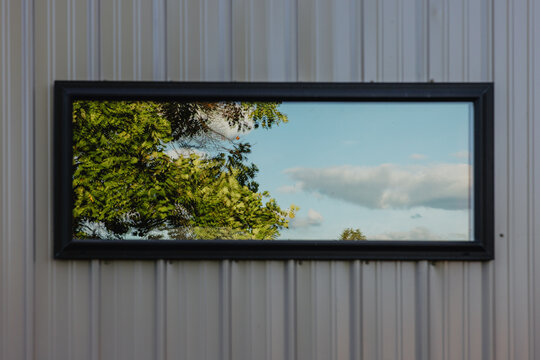 Reflection of Trees and Sky in a Framed Window Panel