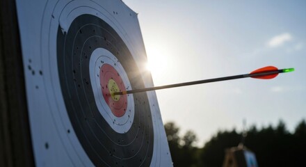 A close-up of an arrow hitting the center of a target against a sunlit background
