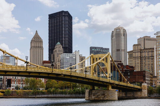 Pittsburgh Skyline Featuring the Yellow Roberto Clemente Bridge
