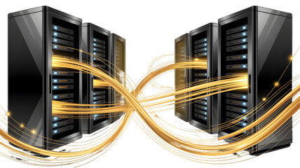 Server Racks with Glowing Data Streams Flowing Between Them on Black Background