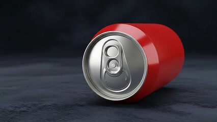 Red aluminum beverage can with silver pull tab resting on dark textured surface drink