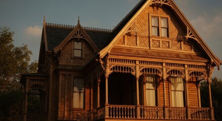A detailed, wood-paneled Victorian-style house bathed in golden hour light