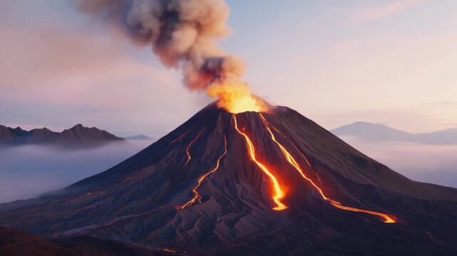 Volcano erupting with lava flowing down the side and smoke rising into the sky at sunset time volcano landscape video