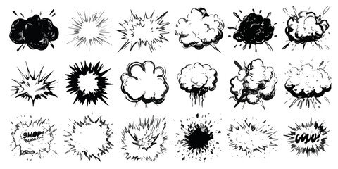 Kolekcja ręcznie rysowanych, czarno-białych efekt&oacute;w wybuch&oacute;w, chmur dymu i rozbłysk&oacute;w w stylu komiksowym, idealnych jako przezroczyste elementy graficzne.