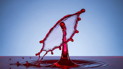 Red liquid splash frozen in mid air against a blue gradient background water fluid