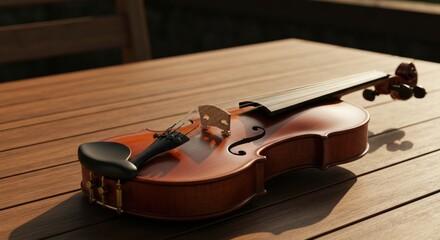 A finely crafted violin rests on a warm, wooden table, bathed in soft, natural light