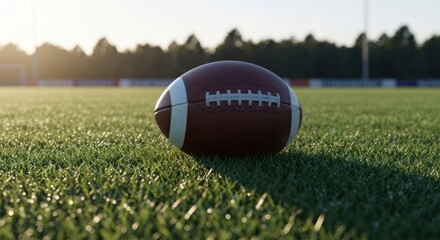 A football rests on vibrant green grass with a blurred stadium backdrop in golden light