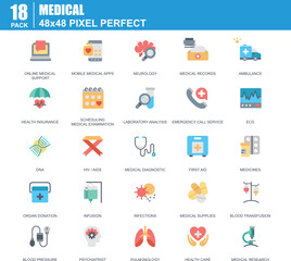 Fototapeta premium Medical icon pack with ambulance medical records laboratory analysis first aid medicines DNA blood pressure and medical research icons
