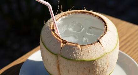 A fresh coconut drink with a straw, served on a white plate on a wooden table