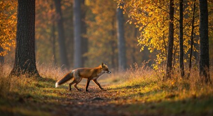 A fox walks a path through an autumn forest with vibrant orange and yellow foliage