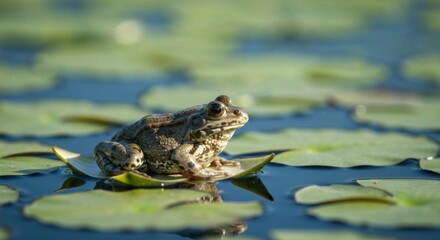 A frog sits on a lily pad in a pond, surrounded by lily pads, reflecting in the water