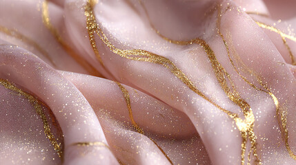 A close-up view of delicate pink fabric with gold accents, creating an elegant and luxurious aesthetic. The soft folds and shimmering details add a touch of opulence and glamour