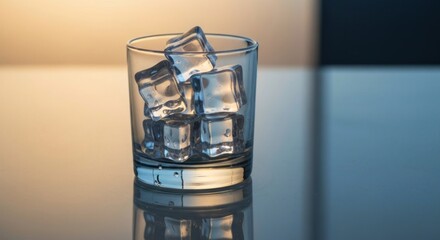A glass of ice cubes reflecting light on a glossy surface with a two-toned background