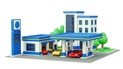 3D Rendering of a Cartoon Gas Station with Cars