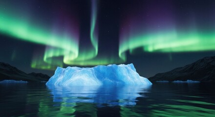 A glowing iceberg floats peacefully under swirling, colorful aurora Northern