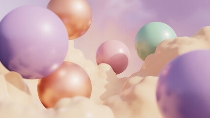 Vibrant colorful balls floating in soft dreamy cloudscape
